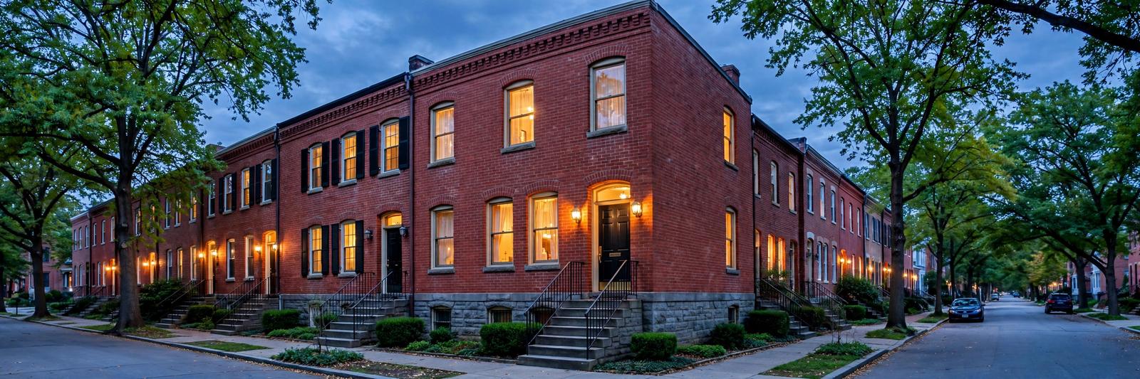 Washington, DC brick row house with a solid foundation at dusk